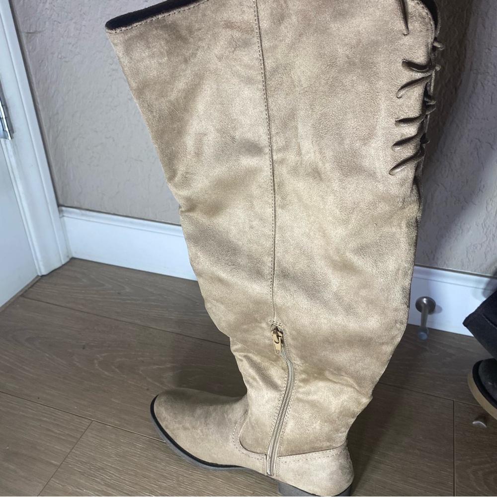 NWOT Faux Suede Beige Knee High Boots - Picture 2 of 2